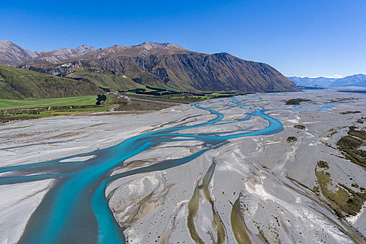 弯曲,河,青绿色,打扫,河床,山,坎特伯雷地区,南岛,新西兰,大洋洲