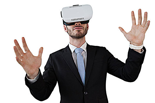 商务人士,虚拟现实,玻璃,手势,白色背景,站立