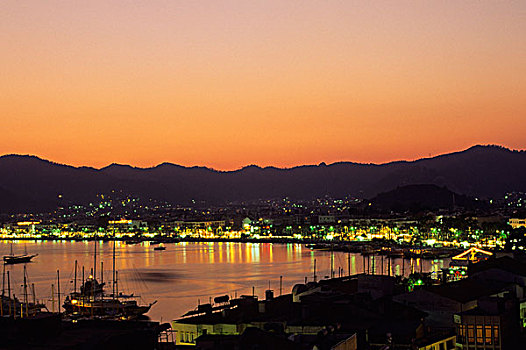 日落,上方,港口,地中海,青绿色,海岸,土耳其