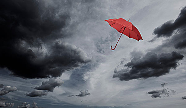 红色,伞,漂浮,多云,天空