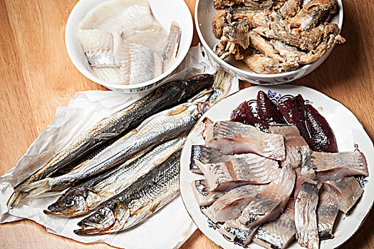 海鲜,种类,鱼肉,木桌子