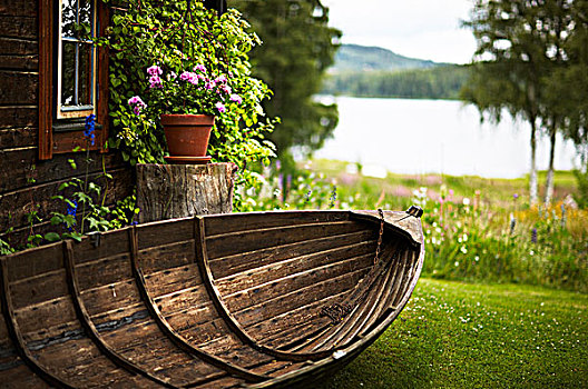 木质,划桨船,后院