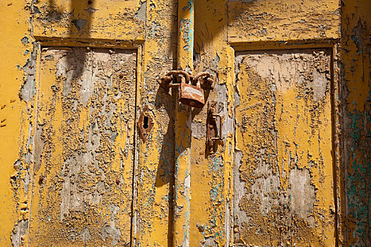 木门,挂锁,风化,黄色,涂绘,希腊