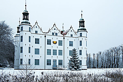 城堡,冬天,雪,地区,石荷州,德国,欧洲