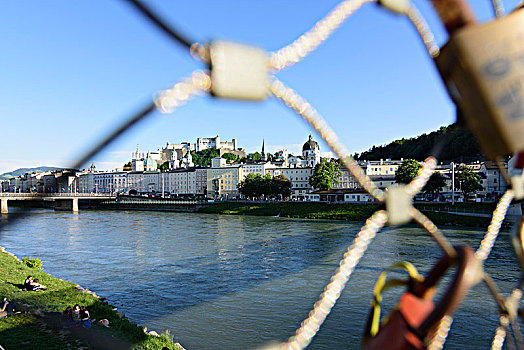 萨尔茨堡,喜爱,锁,桥,风景,老城,城堡,霍亨萨尔斯堡城堡,奥地利