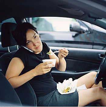 女人,手机,吃,停车