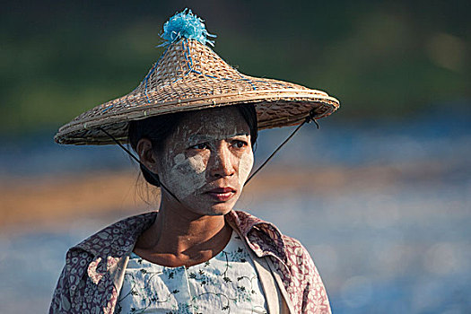 女人,草帽,脸,头像,若开邦,缅甸,亚洲