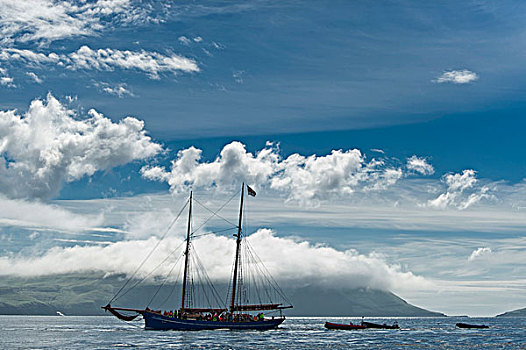 帆船,靠近,法罗群岛,北大西洋