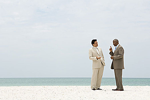 两个,商务人士,站立,面对面,海滩,交谈
