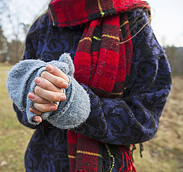 女人,格子图案,围巾,编织,毛织品,连指手套,温暖,寒冷天气