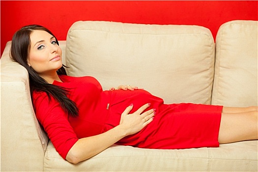 孕妇,放松,沙发,接触,腹部