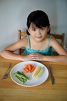 小女孩,盘子,蔬菜