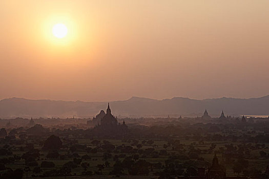 日落,俯视,庙宇,蒲甘,曼德勒省,缅甸