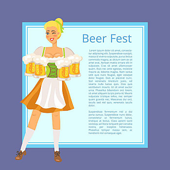 啤酒,节庆,海报,金发女郎,大杯,文字,淡蓝色,隔绝,矢量,插画,拿着,衣服,传统,德国人
