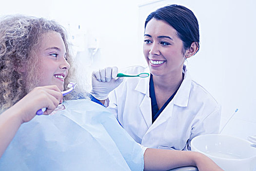 女性,牙医,教育,女孩,刷牙,牙科诊所