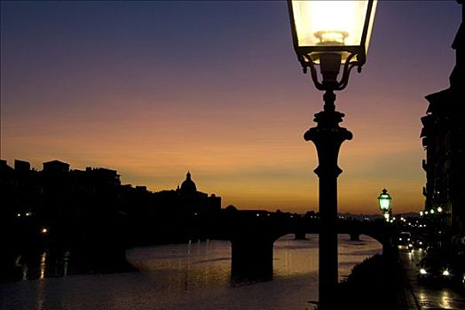 照亮,灯笼,红色,日落,远眺,桥,佛罗伦萨,意大利,欧洲