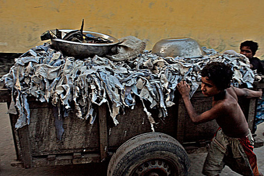 孩子,劳工,推,手推车,装载,皮革,区域,达卡,城市,原料,胶,工厂,孟加拉,十二月,2007年