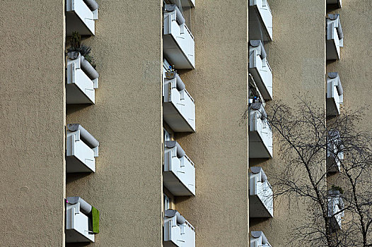 水泥,露台,高层建筑,住宅,公寓楼,70年代,卫星,城市,诺伊帕拉赫,慕尼黑,巴伐利亚,德国,欧洲