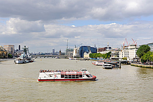 风景,泰晤士河,河,观光,船,红色,流浪者,漫游者,博物馆,贝尔法斯特,伦敦,英格兰,英国,欧洲
