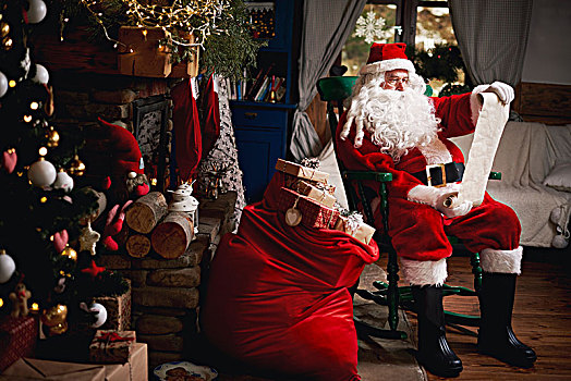 头像,圣诞老人,坐,椅子,袋,满,礼物,看,圣诞节,清单
