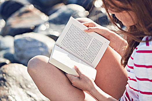 女人,读,书本,海滩