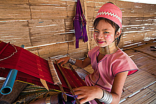 泰国,金三角,清迈,长颈,克伦邦,女孩,编织