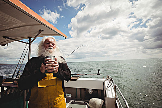 渔民,站立,船,咖啡杯,思想