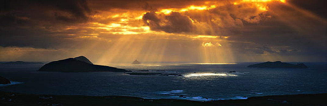 湾,岛屿,爱尔兰,日落,上方