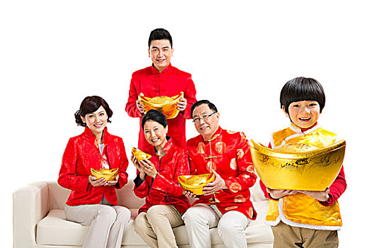 棚拍中國新年快樂的唐裝家庭