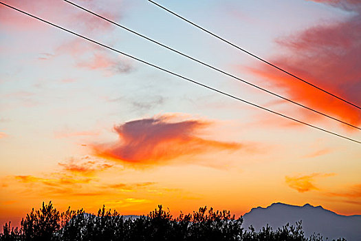 山,摩洛哥,非洲,红色,日出,线缆,高压电塔