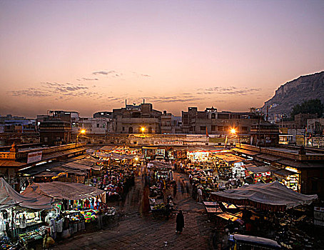 印度,拉贾斯坦邦,黎明,上方,市场,梅兰加尔古堡,远景