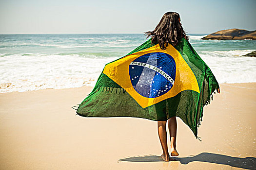 美女,巴西国旗,海滩,里约热内卢,巴西