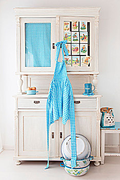 蓝色,白色,方格,围裙,老,厨房,柜橱