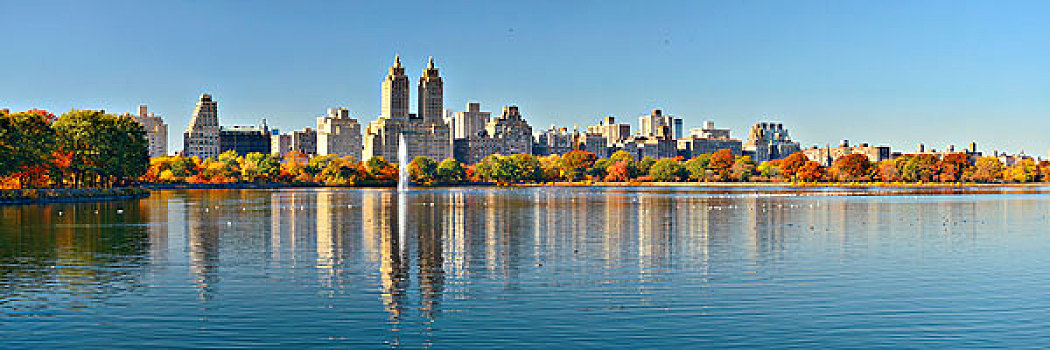 天际线,全景,公寓,摩天大楼,上方,湖,喷泉,中央公园,曼哈顿中城,纽约