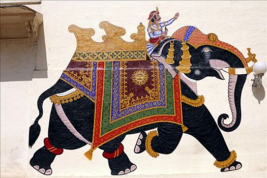 大象,壁画,城市宫殿,乌代浦尔,拉贾斯坦邦,北印度,亚洲