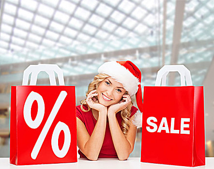 销售,礼物,圣诞节,休假,人,概念,微笑,女人,圣诞老人,帽子,购物袋,百分号,上方,购物中心,背景