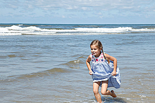 跑,女孩,海滩