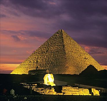 吉萨金字塔,金字塔,复杂,黄昏,狮身人面像,开罗,埃及