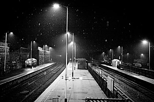 雪,落下,铁路,站台,夜晚,道路,室外,标识,约克郡,英国