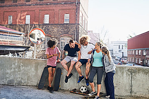 朋友,滑板,休闲,城市,夏天,墙壁