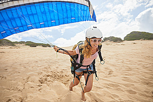 微笑,女性,滑翔伞,跑,降落伞,海滩