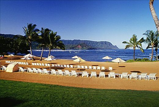 夏威夷,考艾岛,巴厘海,普林斯维尔,酒店,海滩,休闲椅,伞