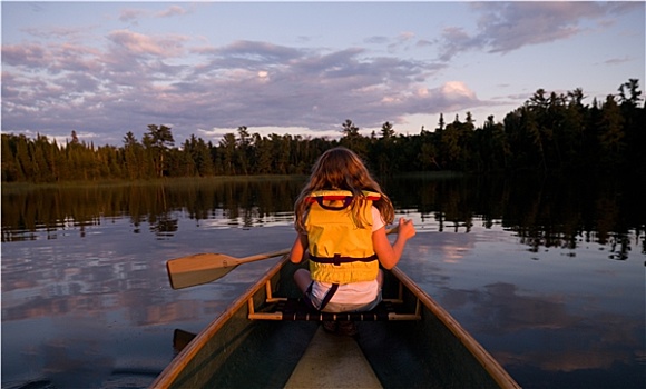 女孩,划船,湖,木头,加拿大