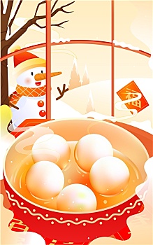 冬至节气正月十五元宵节吃汤圆冬天国潮插画