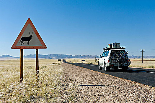 交通标志,警告,长角羚羊,羚羊,越野车辆,道路,区域,纳米比亚,非洲