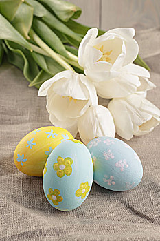 柔和色彩,复活节彩蛋,郁金香,桌上,照片