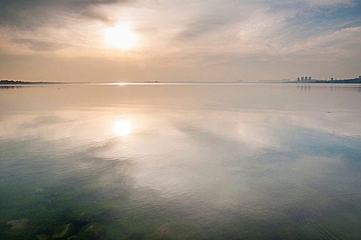 平静的湖水和天空