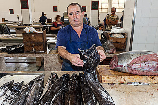鱼贩,黑色,鞘,鱼肉,鱼市,丰沙尔,马德拉岛,葡萄牙,欧洲