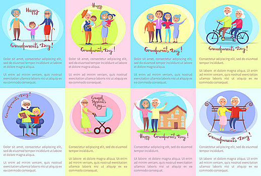 高兴,祖父母,白天,老年,夫妻,孩子,海报,骑,自行车,乐趣,成人,儿童,矢量,插画