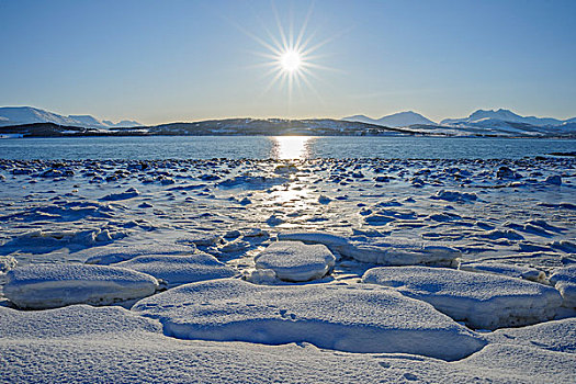 冰,雪,海边风景,太阳,冬天,特罗姆瑟,特罗姆斯,挪威